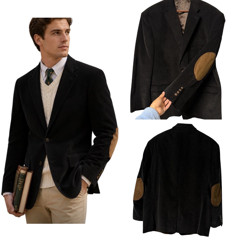 Lauren Ralph Lauren Blazer Mens 46R Corduroy Black Elbow Patches Sport Coat Prep
